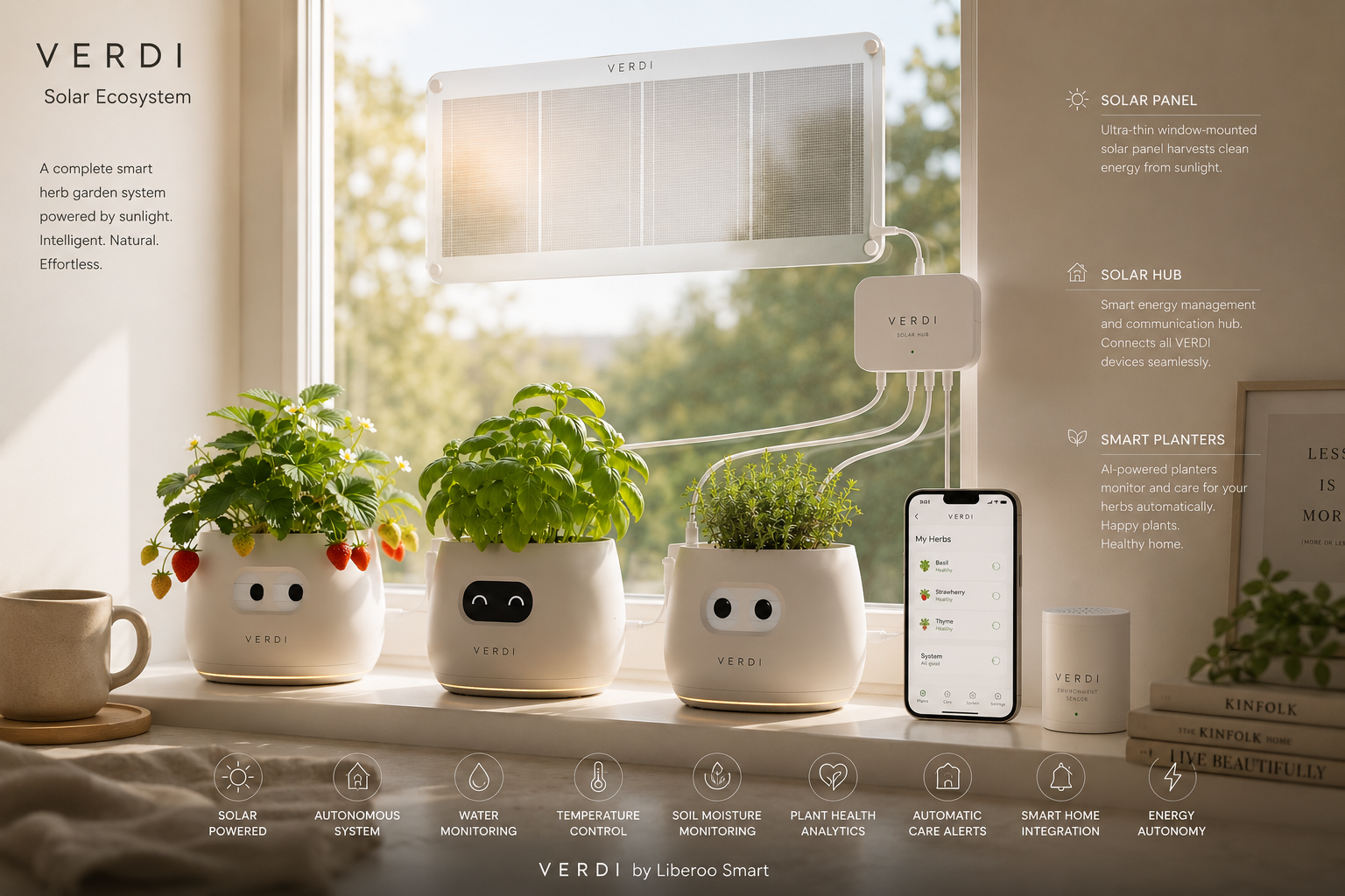 VERDI ecosystem with smart planters, solar panel, solar hub, app, and gateway devices.