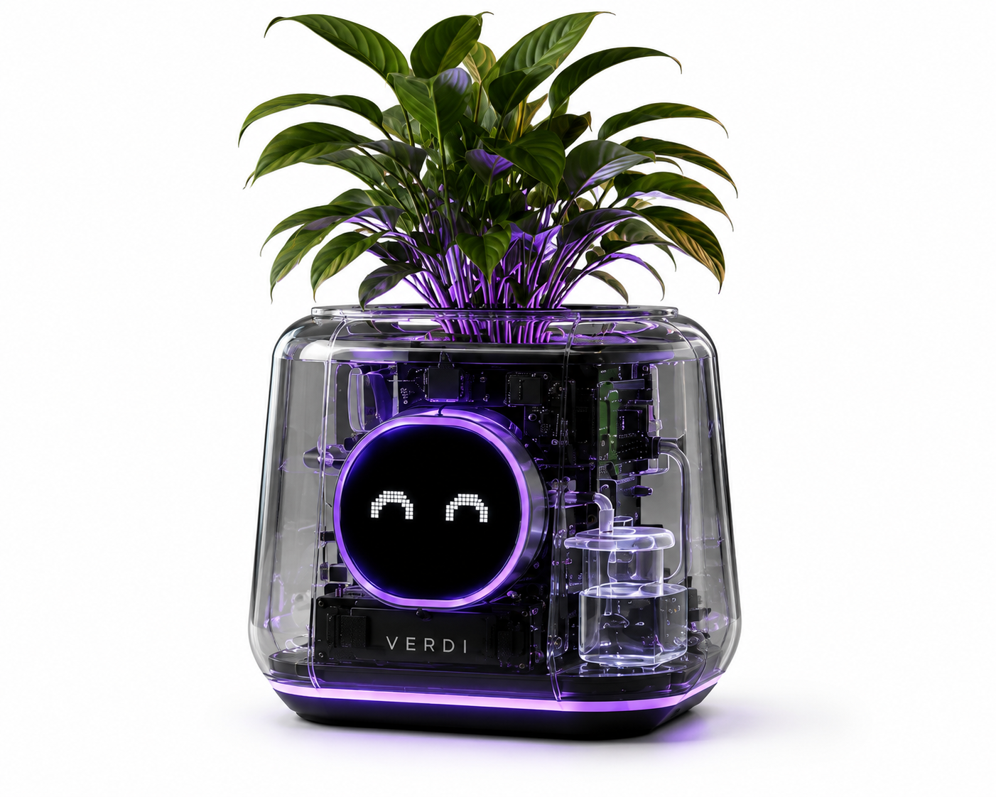 Transparent cyber-inspired VERDI planter variant showing internal components and purple ambient glow.