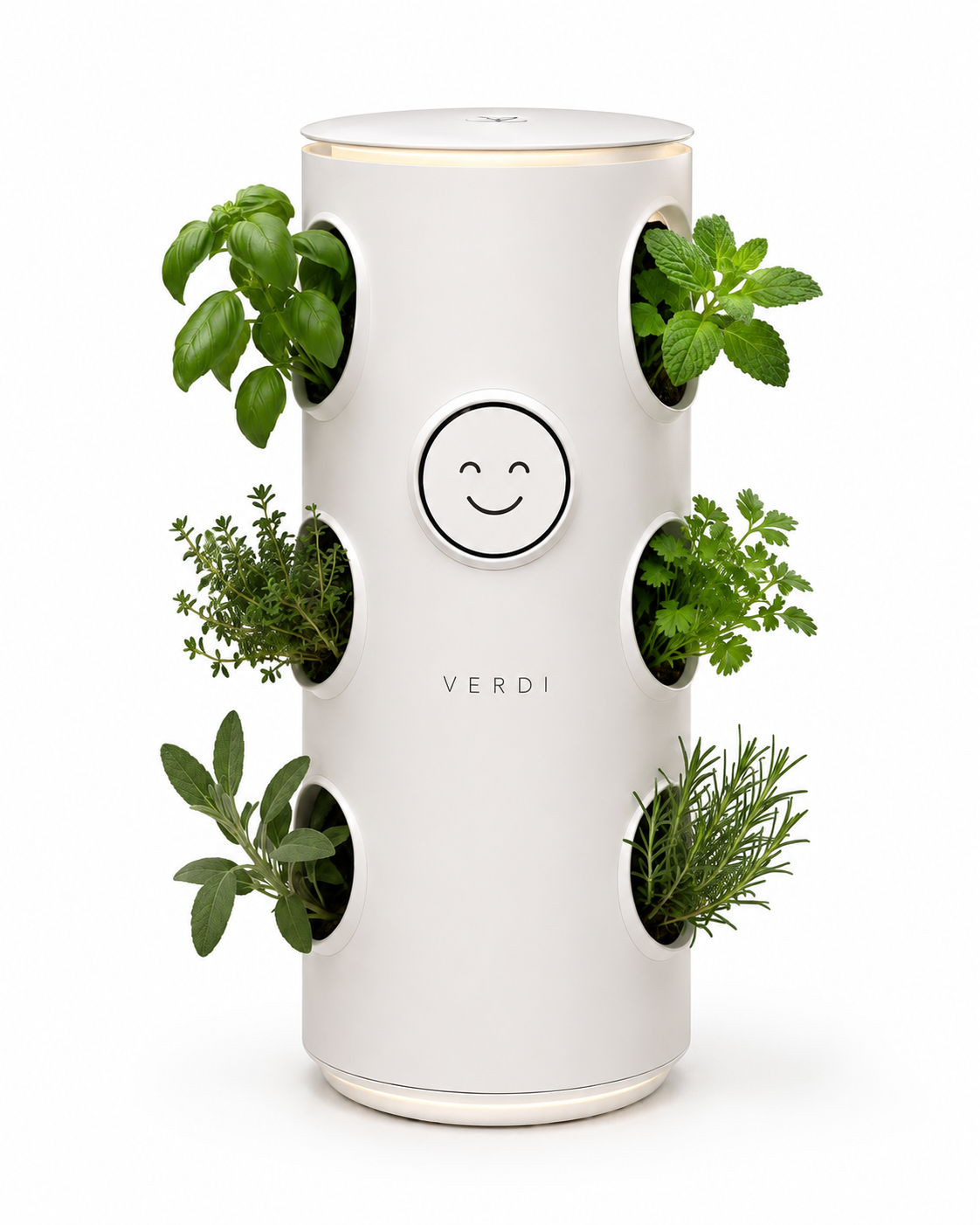 Tall white VERDI kitchen herb tower with multiple herb pockets and a central smiling interface.