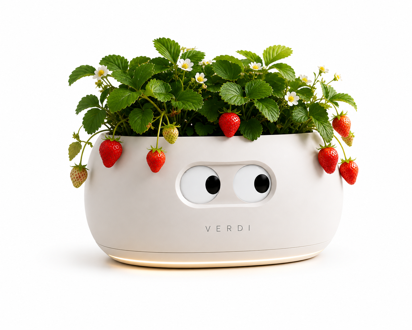 White VERDI planter growing strawberries with expressive eye elements.