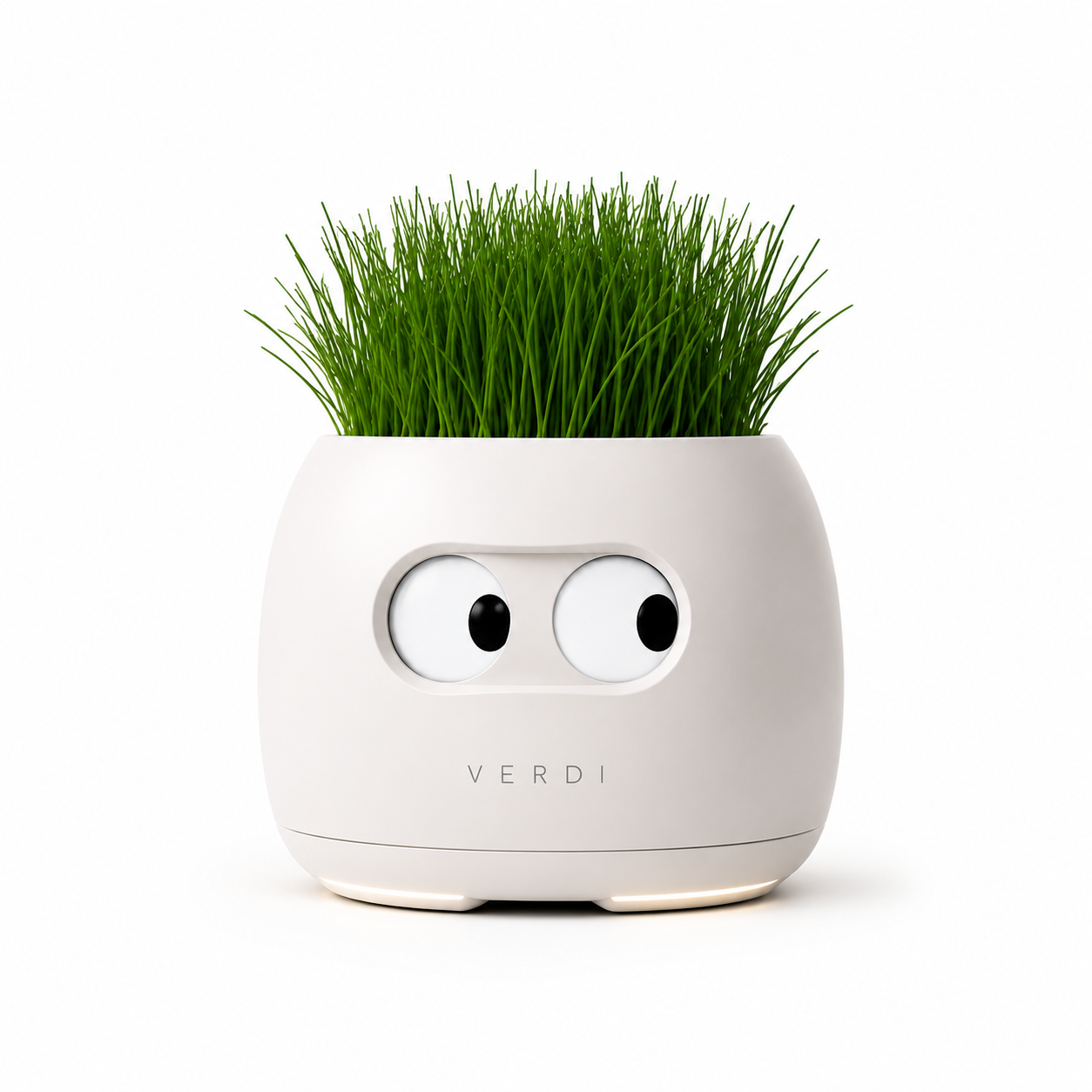 Compact white VERDI planter with a dense chive growth and expressive eye elements.