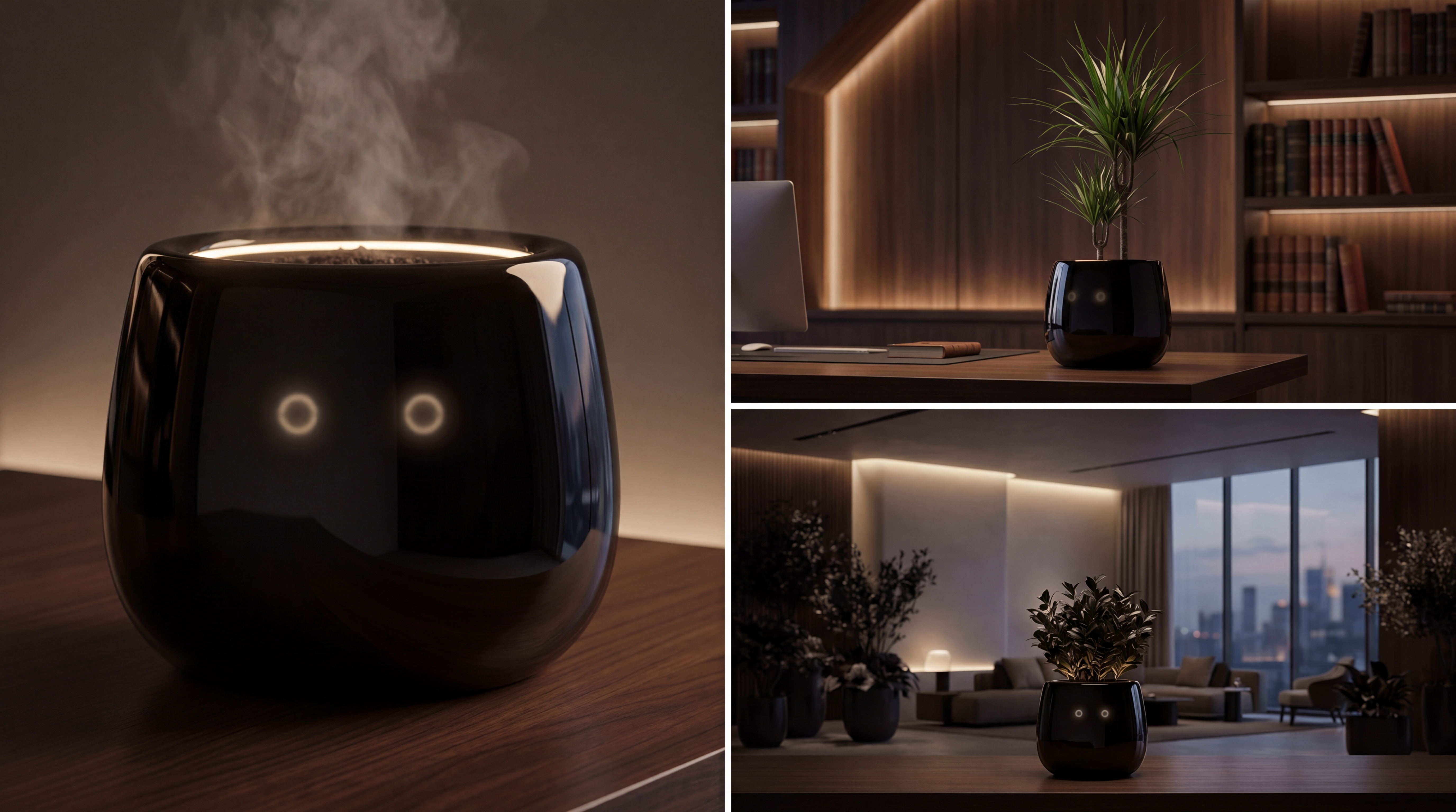 Glossy black VERDI planter with ambient glow and mist in a premium office and interior setting.